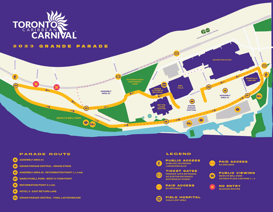 Map of the Toronto Caribbean Carnival parade in 2023