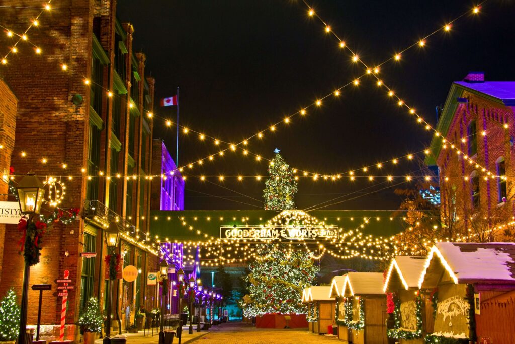 Holiday lights in Toronto's Distillery District.