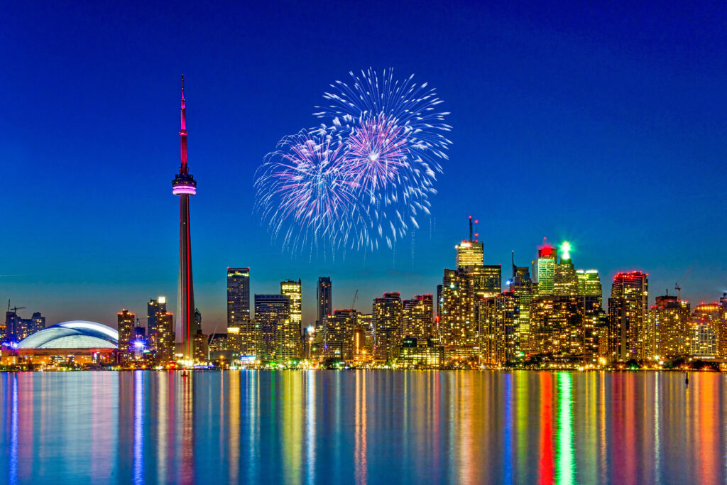 Foreworks over Toronto skyline.