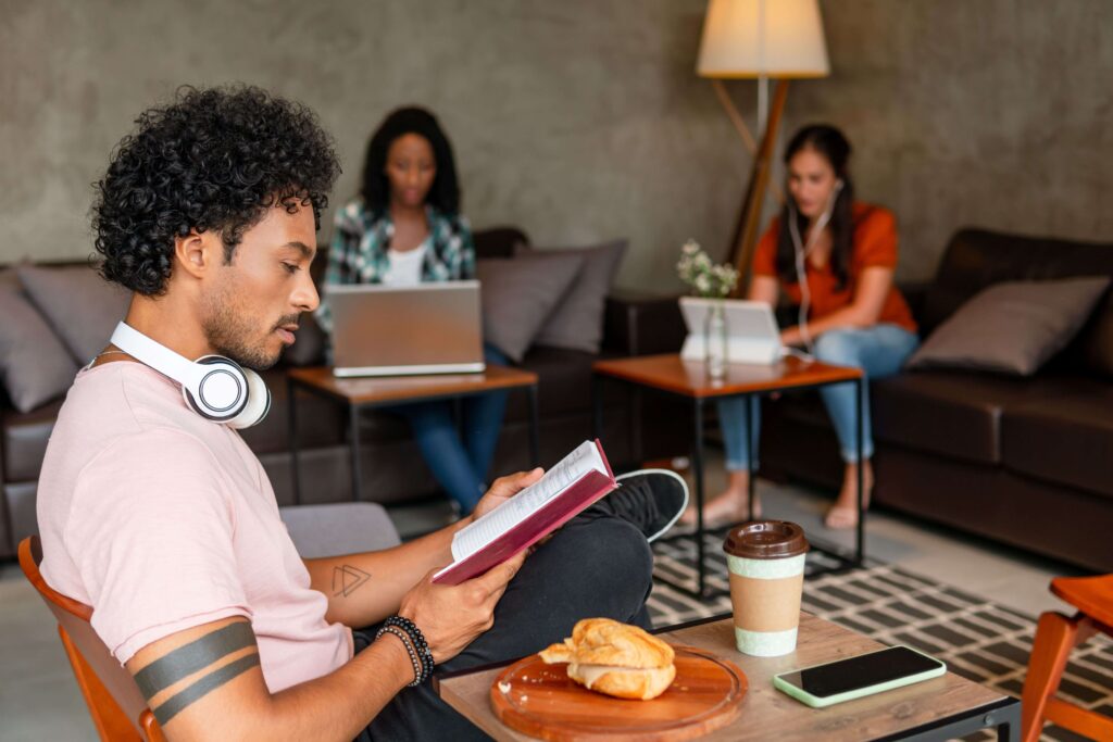 Studying in a coffee shop.