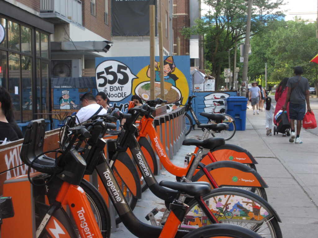 Bikeshare station downtown Toronto.
